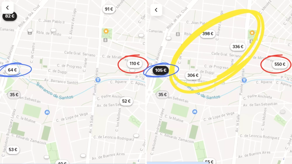 Precios de AirBnB en las inmediaciones del estadio Heliodoro Rodríguez López. A la izquierda, en la noche del 22 al 23 de junio. A la derecha, la del 29 al 30, fecha del concierto de Ed Sheeran./ AIRBNB