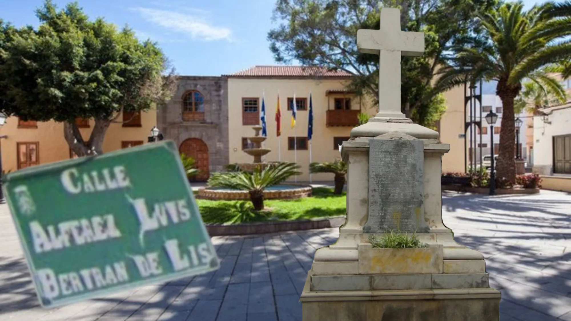 Placa de la calle Alférez Luis Beltrán de Lis y cruz de los caídos en Güímar./ MONTAJE AH
