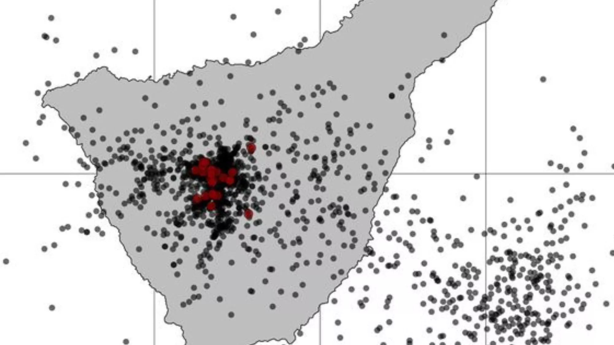 Localización del enjambre de terremotos detectados por Involcan (en rojo). / INVOLCAN