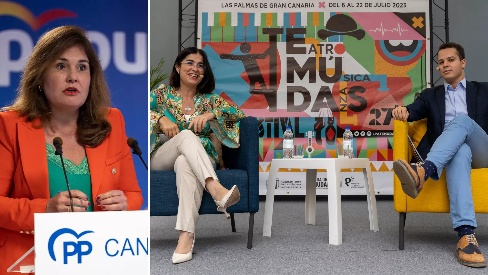 Jimena Delgado (PP) a la izquierda y Carolina Darias y Adrián Santana a la derecha / MONTAJE AH