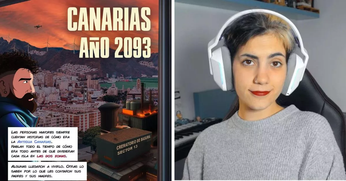 Portada de 'Canarias Año 2093' y la productora y creadora de bandas sonoras, Sara López / AH