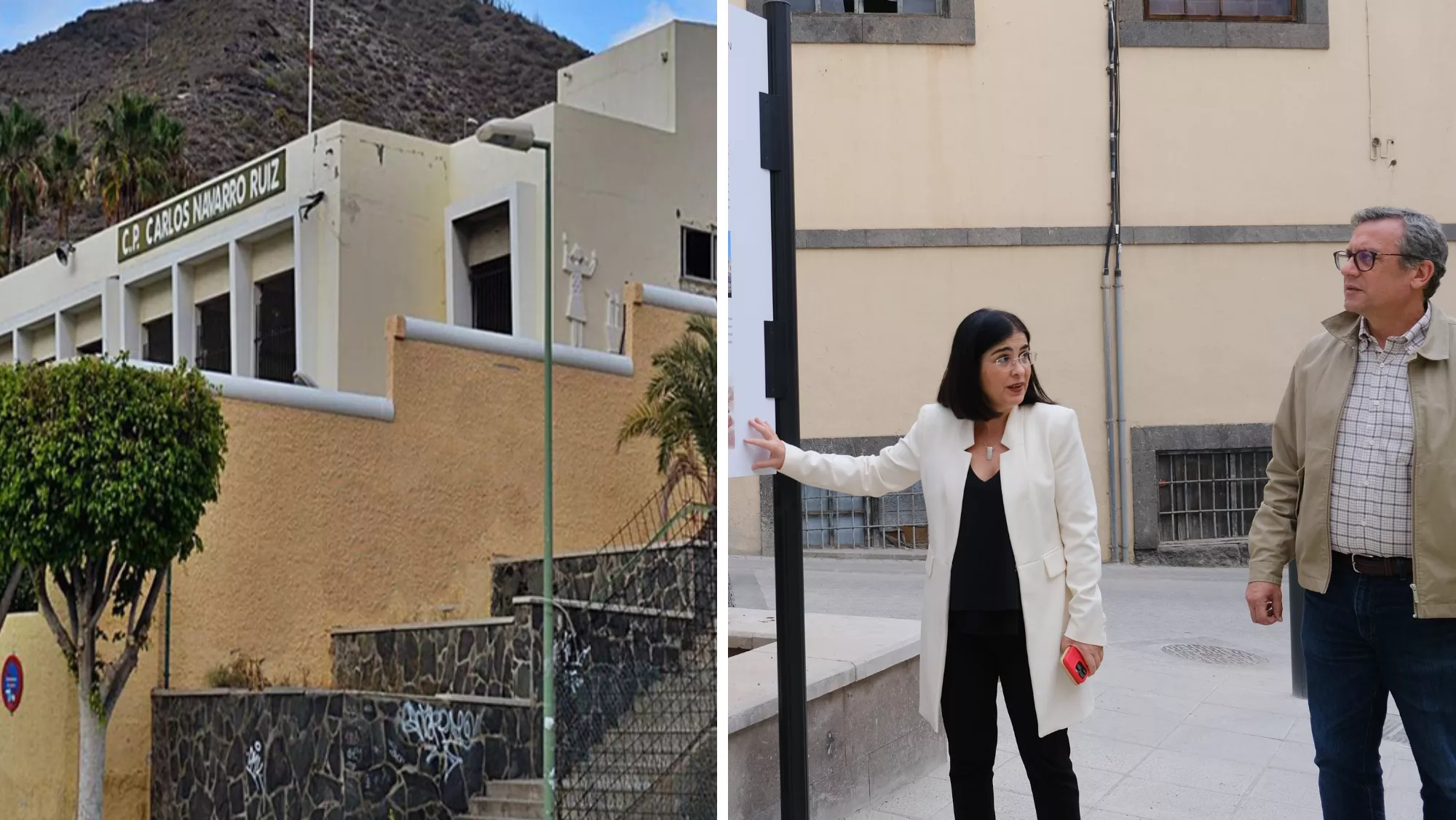 A la izquierda, el Colegio Carlos Navarro Ruiz; a la derecha la alcaldesa, Carolina Darias y el concejal de Urbanismo, Mauricio Roque / MONTAJE AH