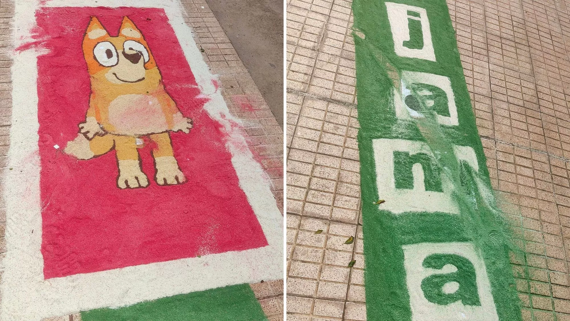Dos alfombras infantiles del Corpus Christi en Bajamar con rastros de patadas / MARIFÉ GONZÁLEZ