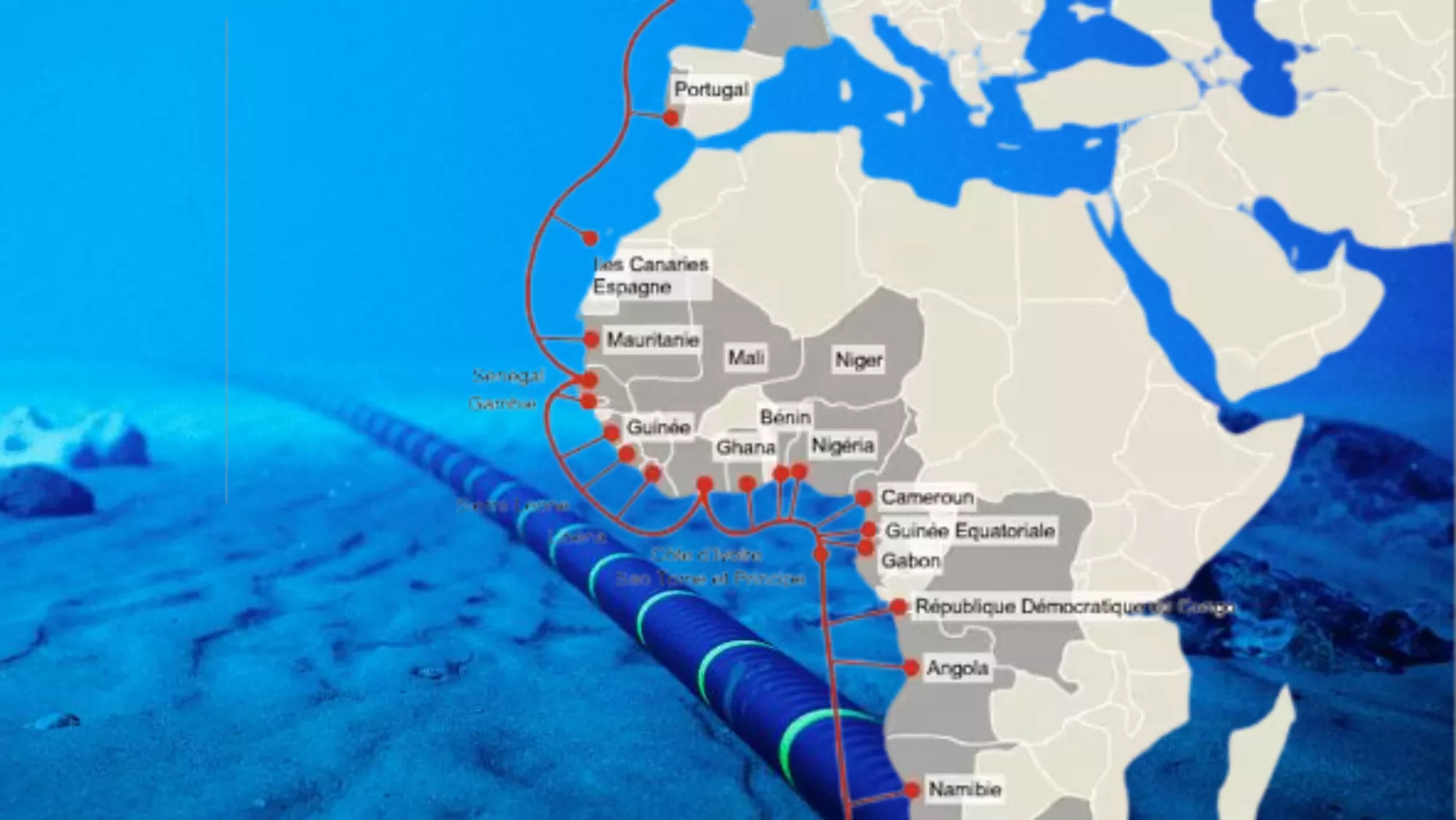 Mapa del trazado de la red ACE de cables submarinos que unen Europa con África a través de Canarias./ MONTAJE AH