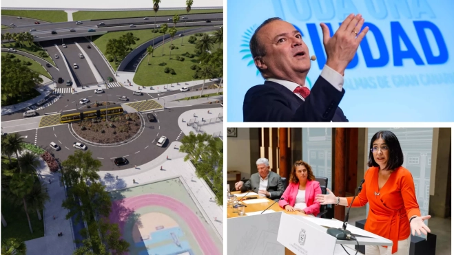 A la izquierda, un prototipo del segundo tramo de la MetroGuagua; a la derecha, Augusto Hidalgo y Carolina Darias / MONTAJE AH