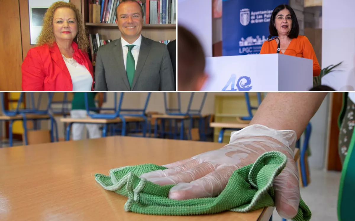 Arriba, los socialistas Nina Santana, Augusto Hidalgo y Carolina Darias; abajo servicio de limpieza en un colegio público. / AH-EFE