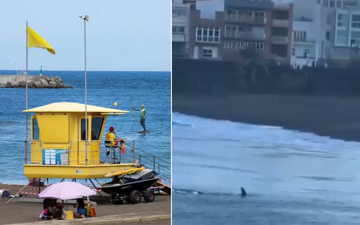 A la izquierda, puesto de vigilancia en la playa de Melenara; a la derecha, captura de un vídeo en el que se puede ver el tiburón avistado este sábado. / EFE-AH