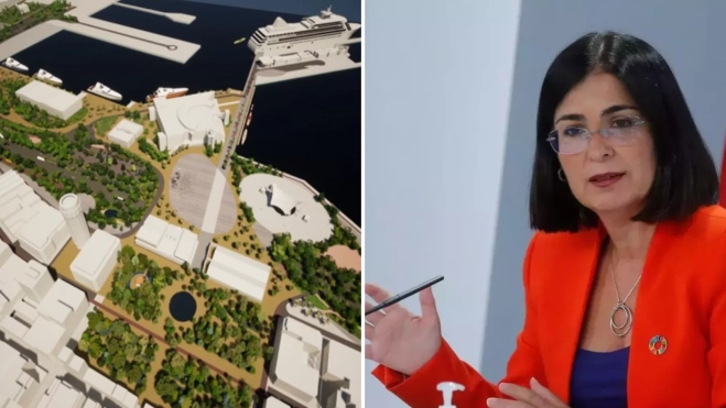 Una infografía de la actuación prevista en el proyecto Puerto-Ciudad junto a la imagen de Carolina Darias, alcaldesa de Las Palmas de Gran Canaria. / MONTAJE AH Una infografía de la actuación prevista en el proyecto Puerto-Ciudad junto a la imagen de Carolina Darias, alcaldesa de Las Palmas de Gran Canaria. / MONTAJE AH