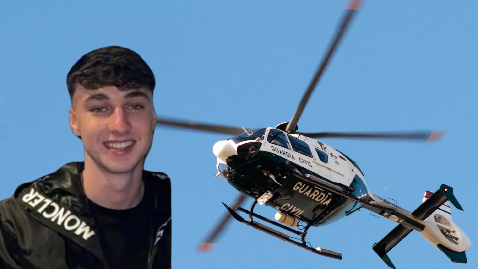 Un helicóptero de la Guardia Civil y una imagen del joven británico Jay Slater, desaparecido en Tenerife,/ MONTAJE AH