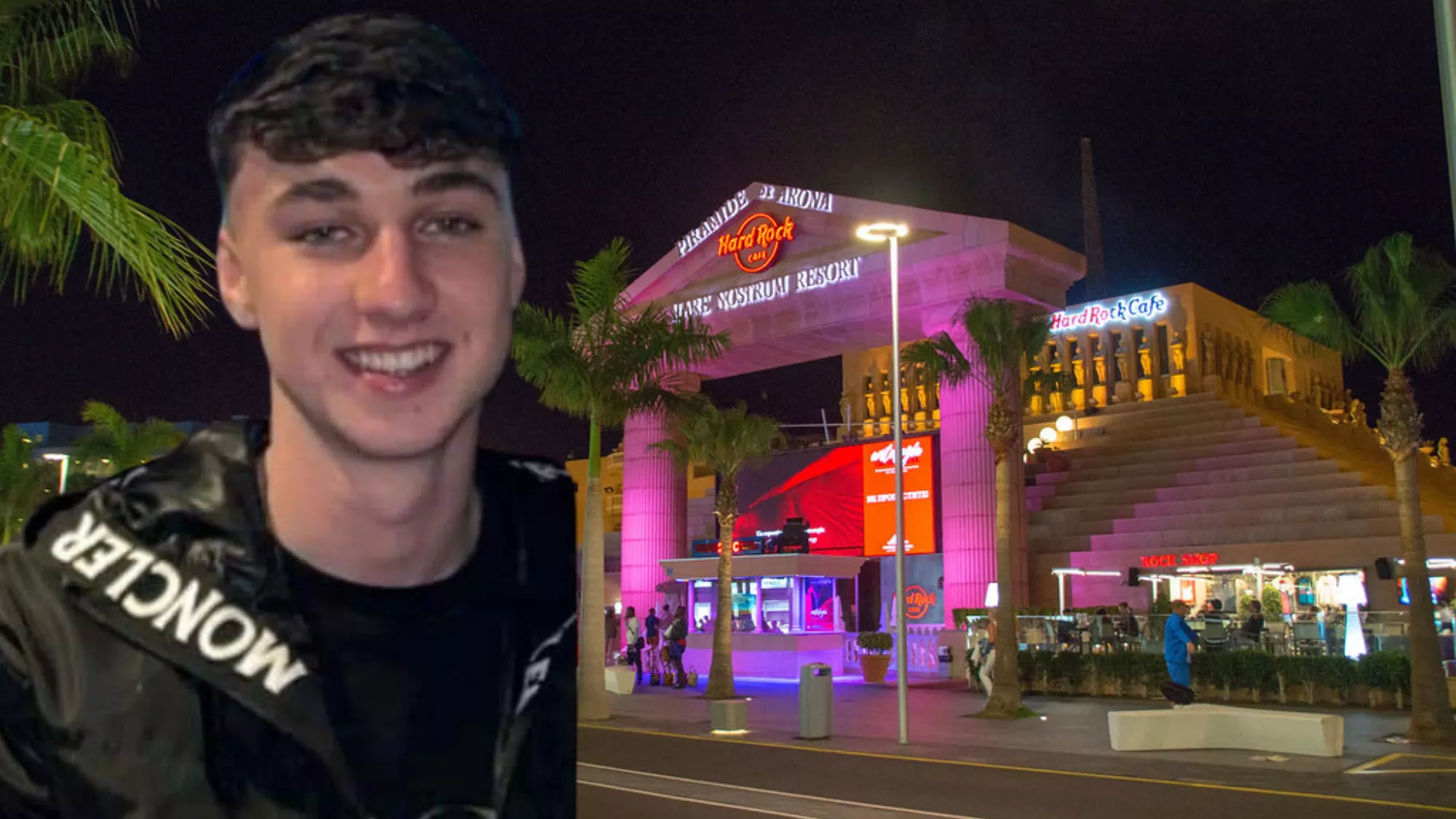 Jay Slater, el británico desaparecido en Teno (Tenerife), con el hotel Hard Rock de Las Américas de fondo./ MONTAJE AH