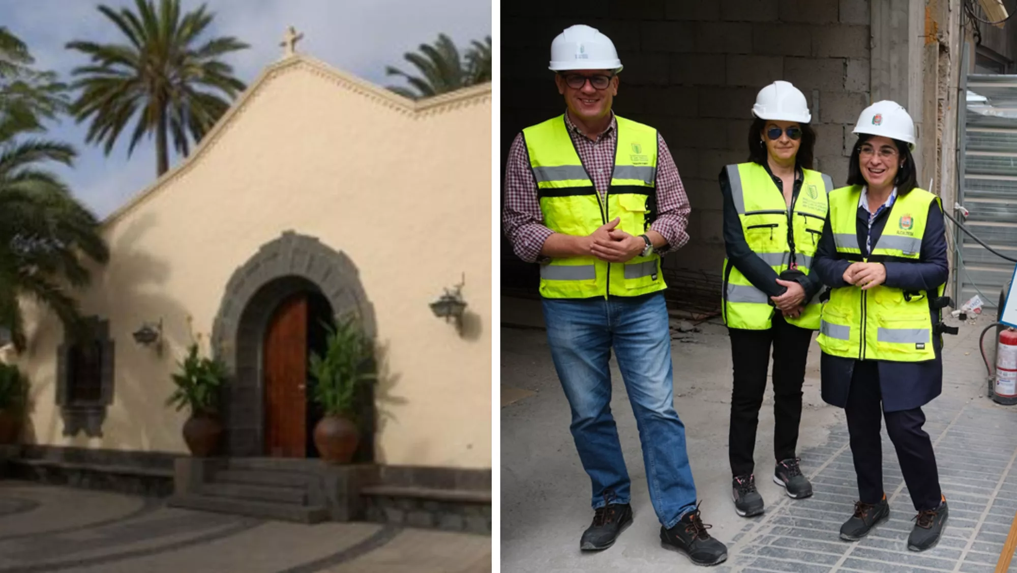 A la izquierda, la ermita del pueblo canario; a la derecha, Mauricio Roque, Carmen Nieves Martín y Carolina DariasMONTAJE AH