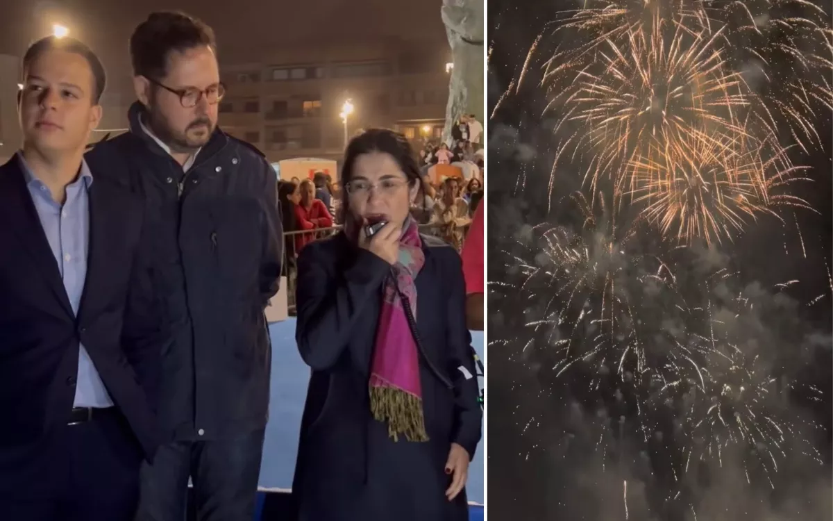A la izquierda, Carolina Darias da la orden para que comiencen los fuegos artificiales; a la derecha, detalle del espectáculo pirotécnico en Las Canteras. / AH