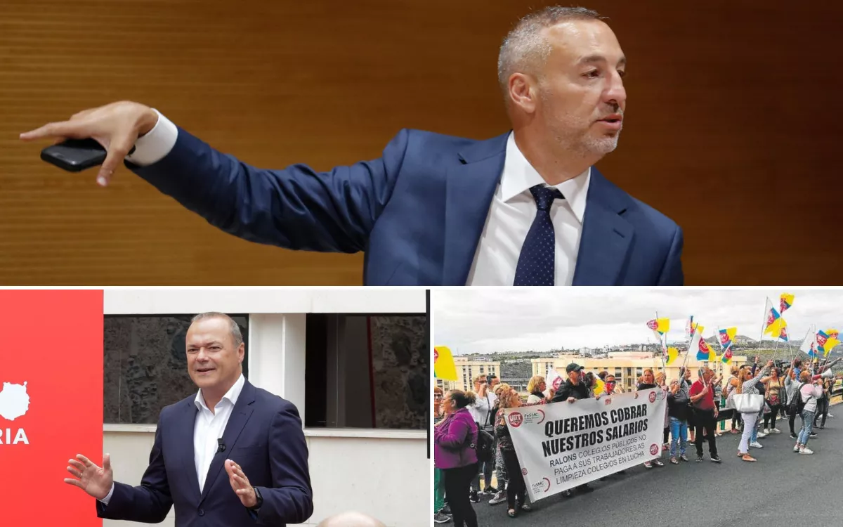 En la imagen superior, Miguel Ángel Ramírez -propietario de Ralons-; abajo, Augusto Hidalgo, exalcalde de Las Palmas de Gran Canaria, y protestas de trabajadores del servicio de limpieza en colegios de la capital grancanaria. / AH