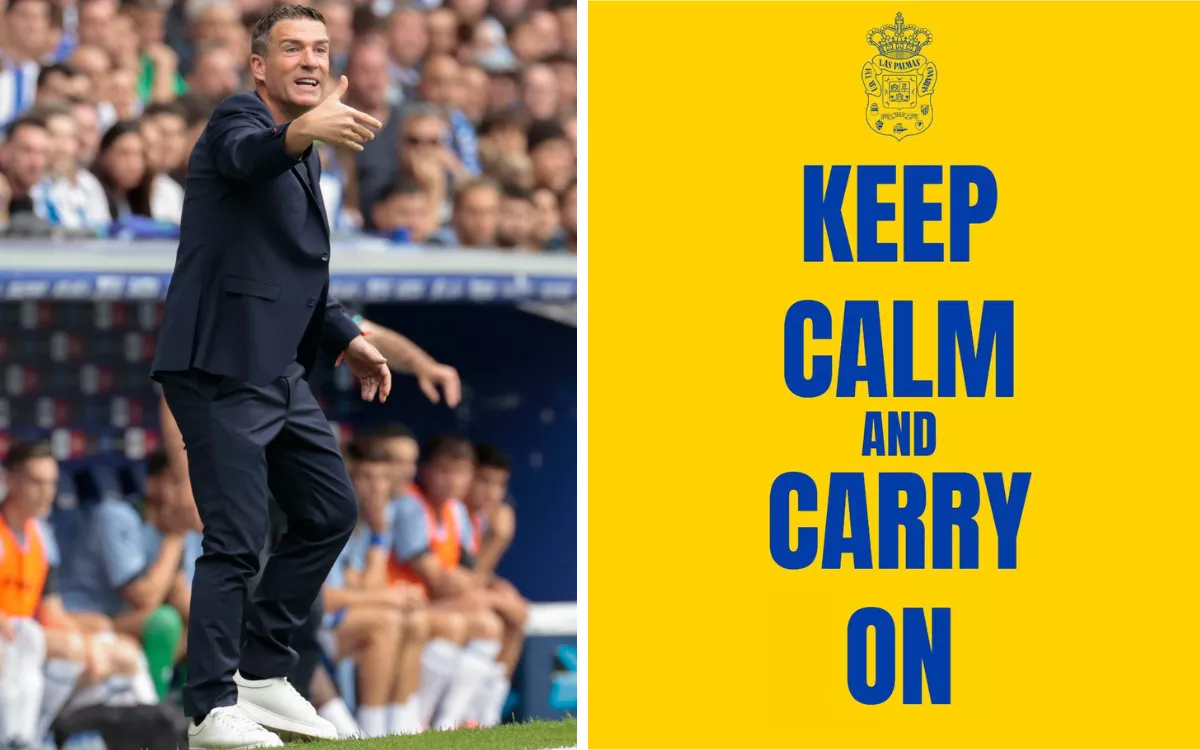 A la izquierda, Luis Carrión da instrucciones en el partido entre el RCD Espanyol y el Real Oviedo; a la derecha, el mensaje que lanzó Miguel Ángel Ramírez en sus perfiles de las redes sociales. / EFE-AH