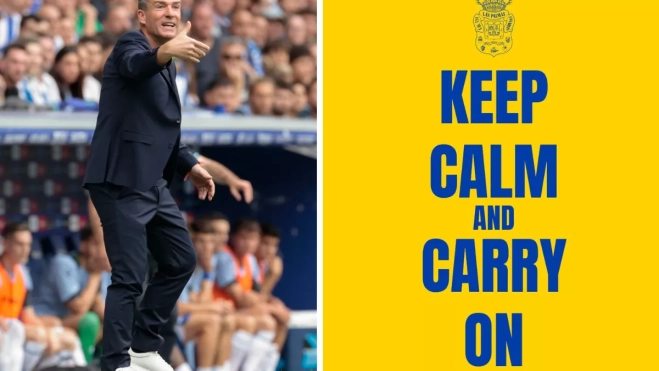 A la izquierda, Luis Carrión da instrucciones en el partido entre el RCD Espanyol y el Real Oviedo; a la derecha, el mensaje que lanzó Miguel Ángel Ramírez en sus perfiles de las redes sociales. / EFE-AH