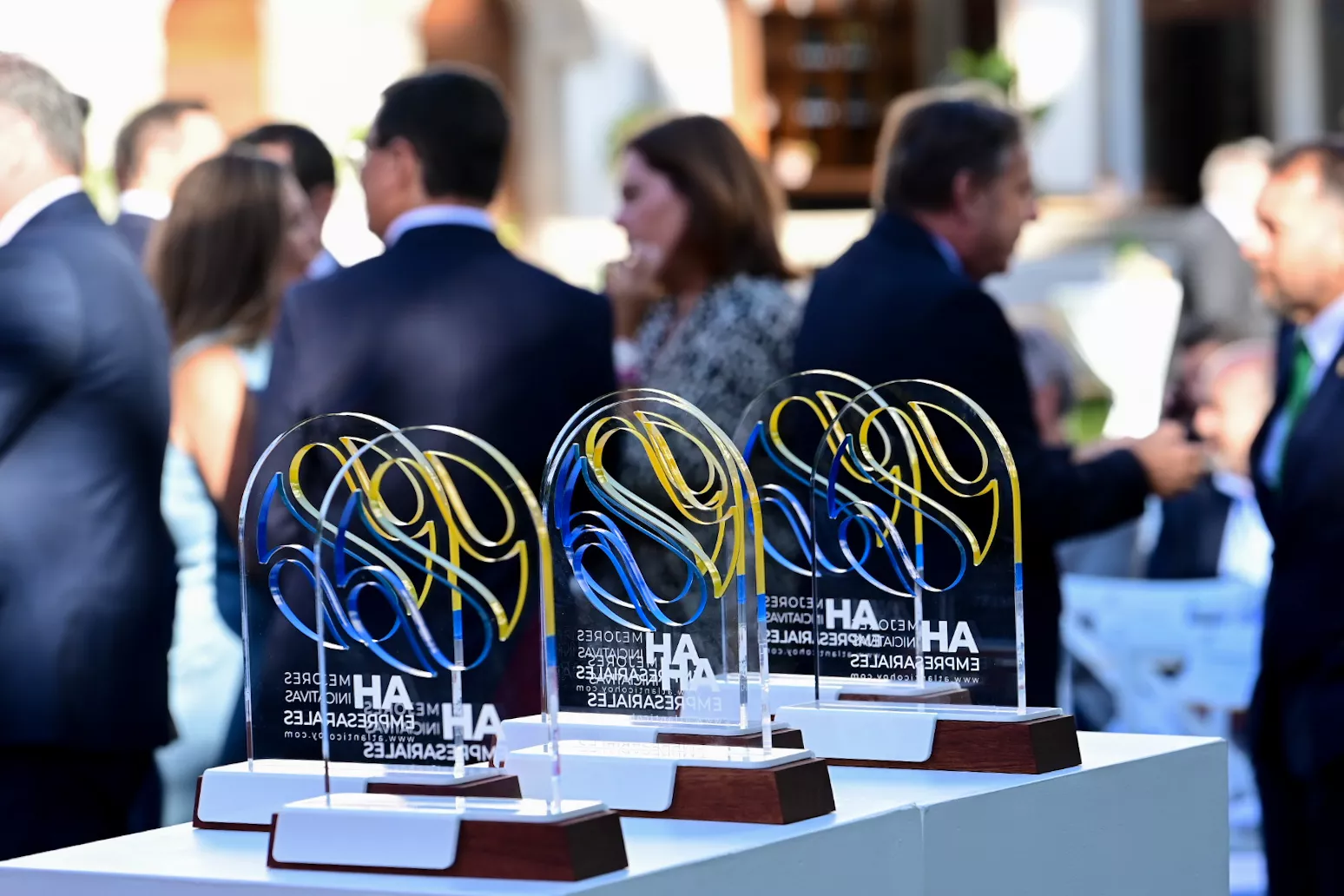 Asistentes charlan en la previa de entrega de los Premios a las Mejores Iniciativas Empresariales 2024, con los galardones en primer término. / TONY HERNÁNDEZ-ATLÁNTICOHOY