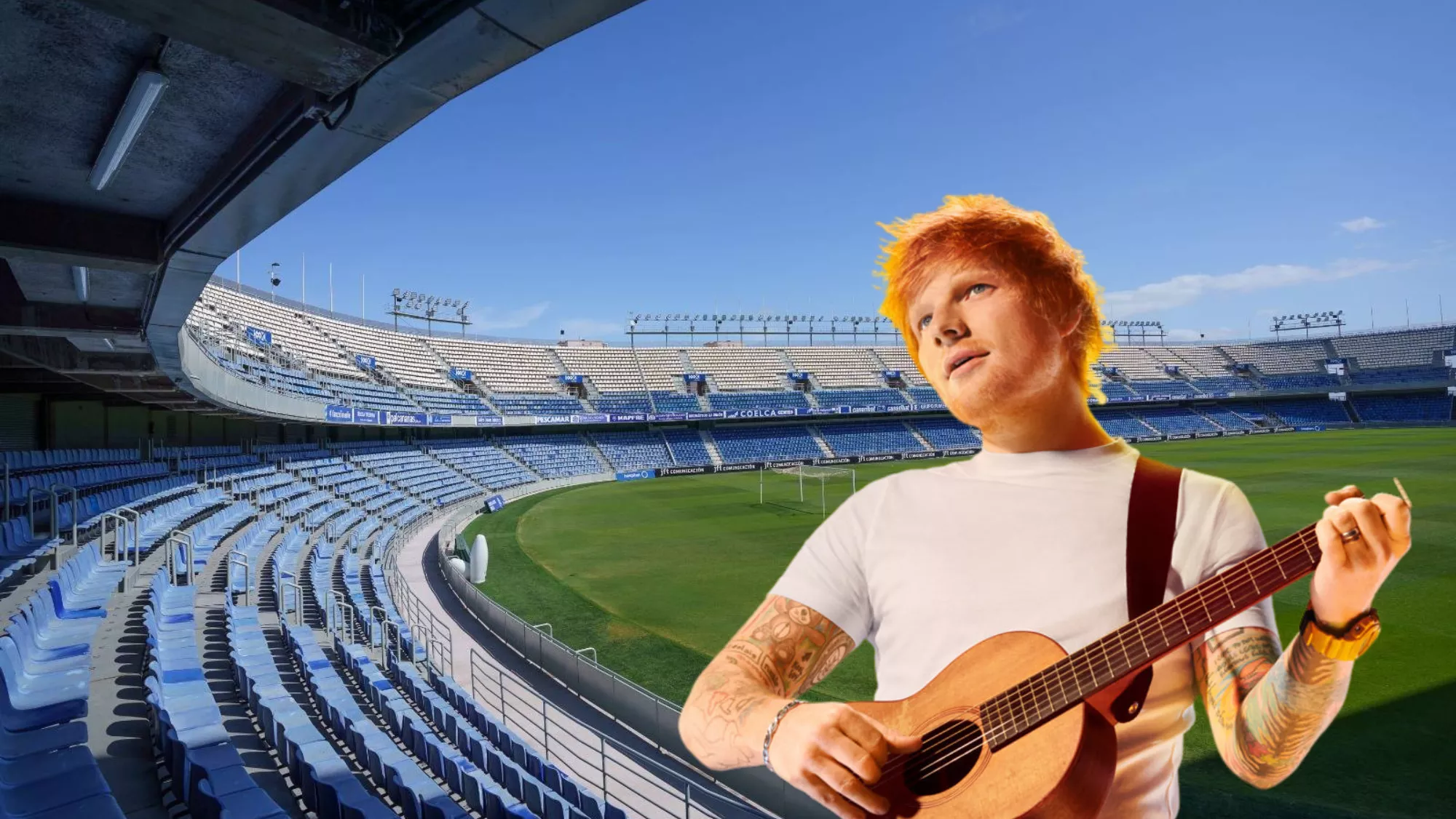 Montaje de Ed Sheeran con el Heliodoro Rodríguez López de fondo. / MONTAJE AH