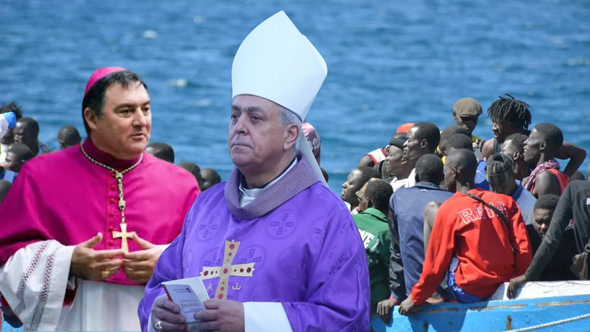 José Mazuelos (i), obispo de la Diócesis de Canarias (Las Palmas), y Bernardo Álvarez (d), obispo de la Diócesis Nivariense (Santa Cruz de Tenerife). De fondo, menores migrantes llegados a Canarias./ MONTAJE AH