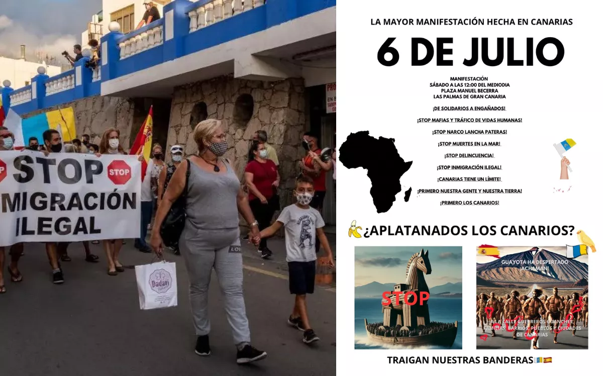 En la imagen, una manifestación anterior contra la inmigración y el cartel para la marcha del 6 de julio. / AH