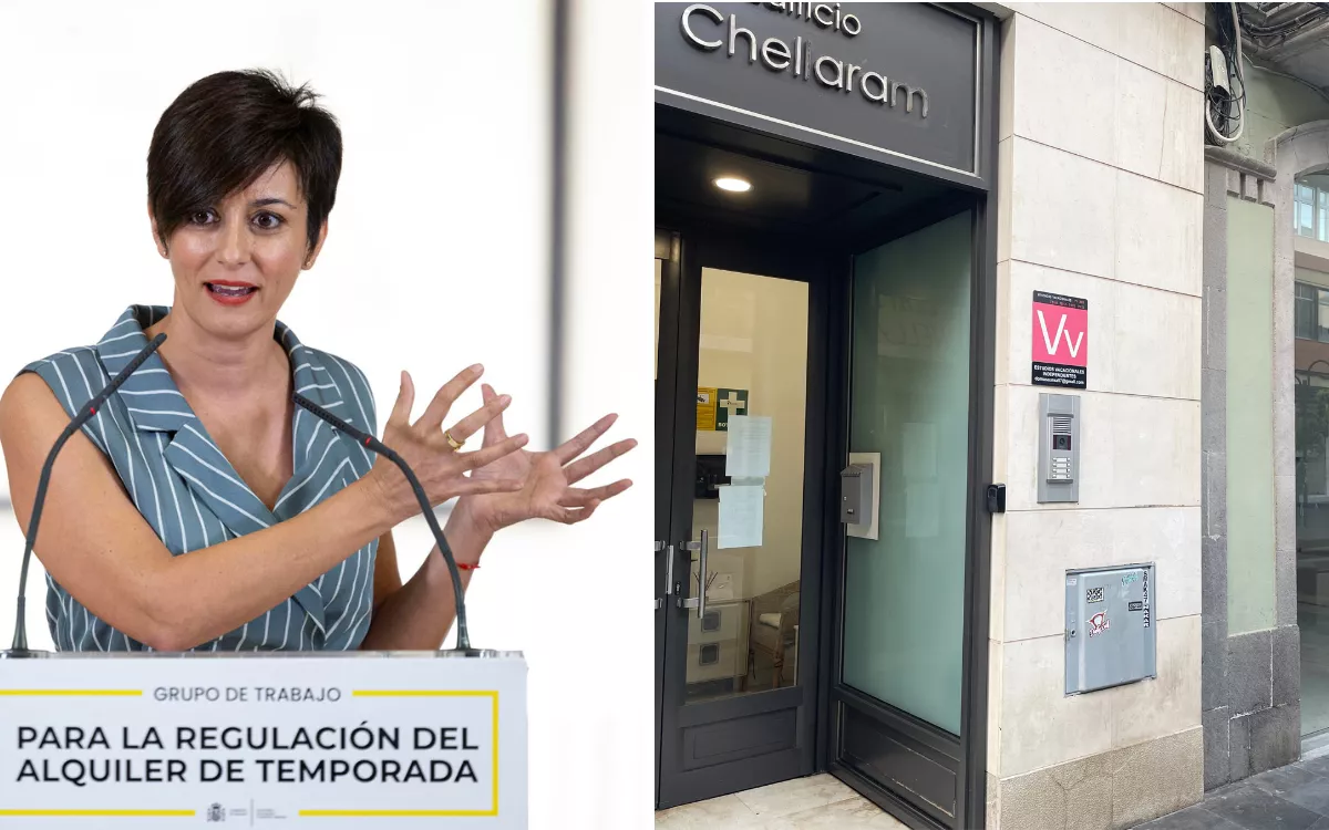 A la izquierda, Isabel Rodríguez, ministra de Vivienda; a la derecha, un portal con casas para alquiler vacacional en Las Palmas de Gran Canaria. / EFE y AH