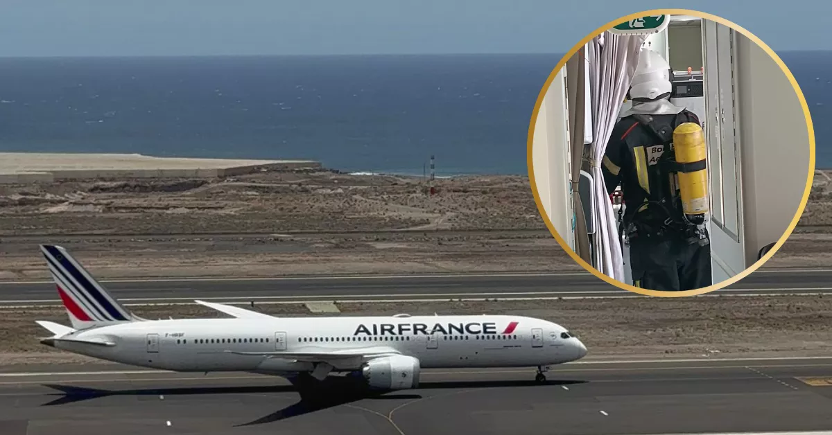 Vuelo de Air France desviado a Tenerife Sur y un bombero dentro del avión./ CONTROLADORES/IRENE VIATOR