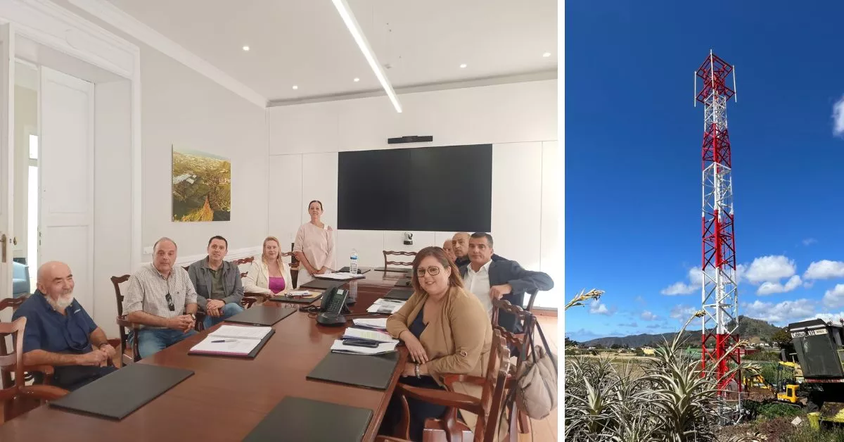 Reunión informativa del concejal Ordenación del Territorio de La Laguna, Adolfo Cordobés (tercero por la izquierda), con vecinos, y la antena de telefonía móvil en Cruz Chica / AAVV GUAMASA