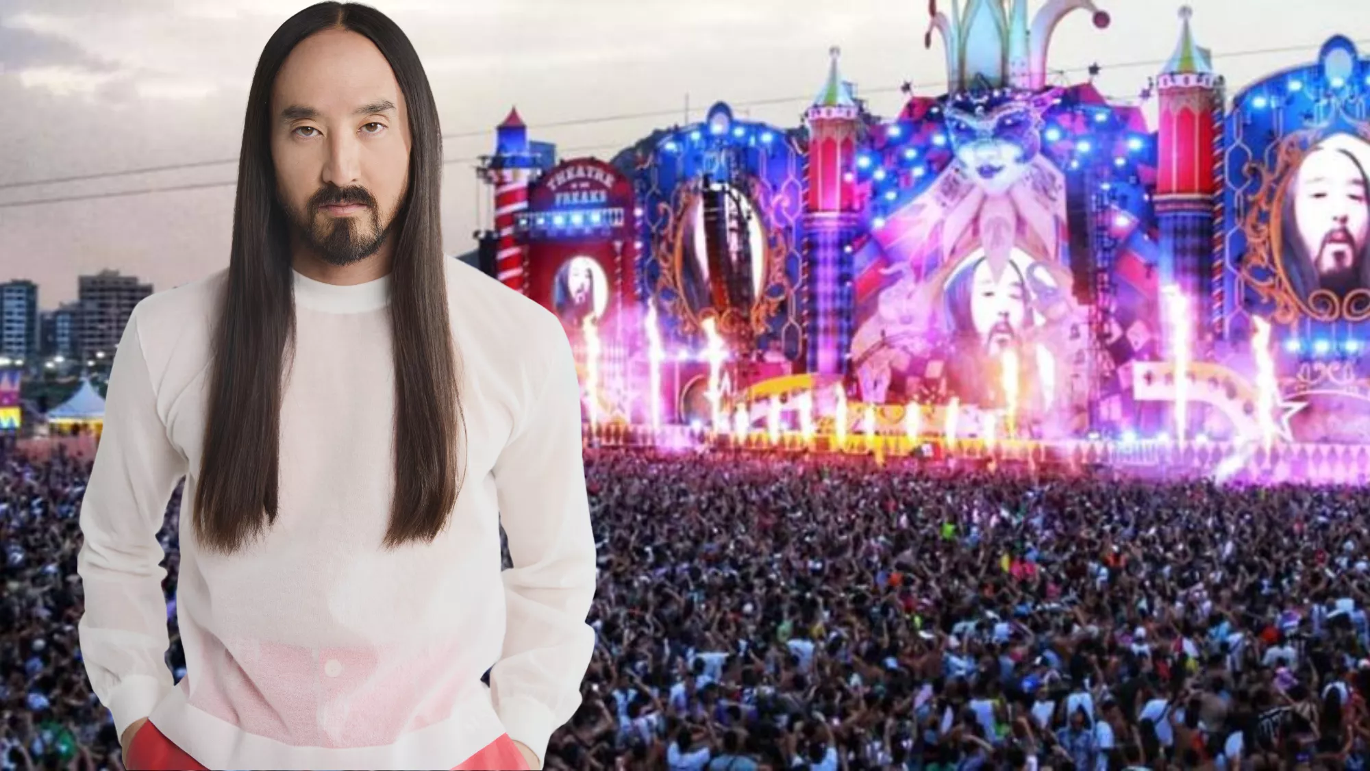 Steve Aoki sobre una imagen de su bolo en el festival Medusa./ MONTAJE AH