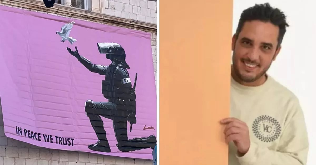 El 'policía por la Paz' en DUbrovnik, y su creador. eñ tinerfeño Alberto León. / MONTAJE AH