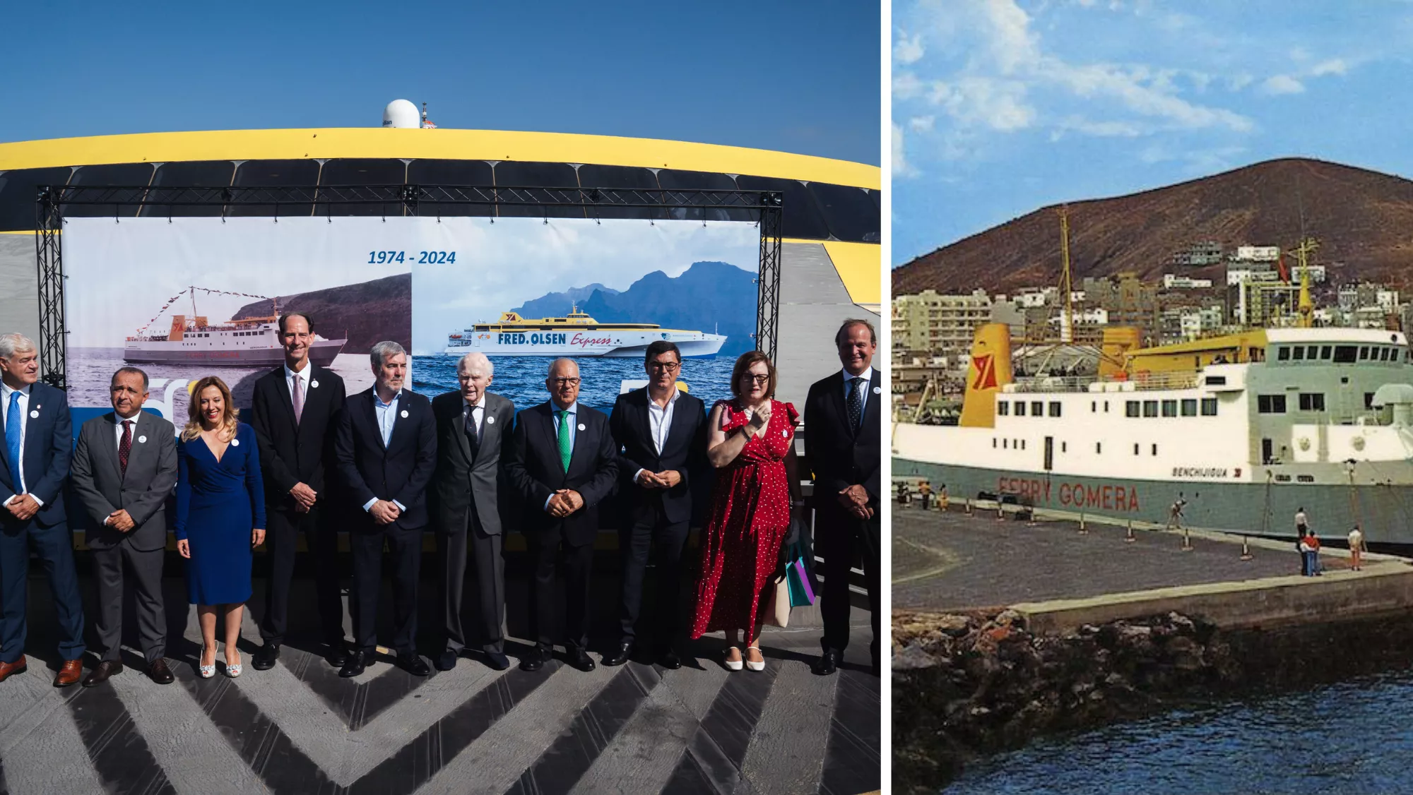 Foto de familia durante la celebración del 50 aniversario de Fred Olsen junto al primer Benchijigua. / MONTAJE AH