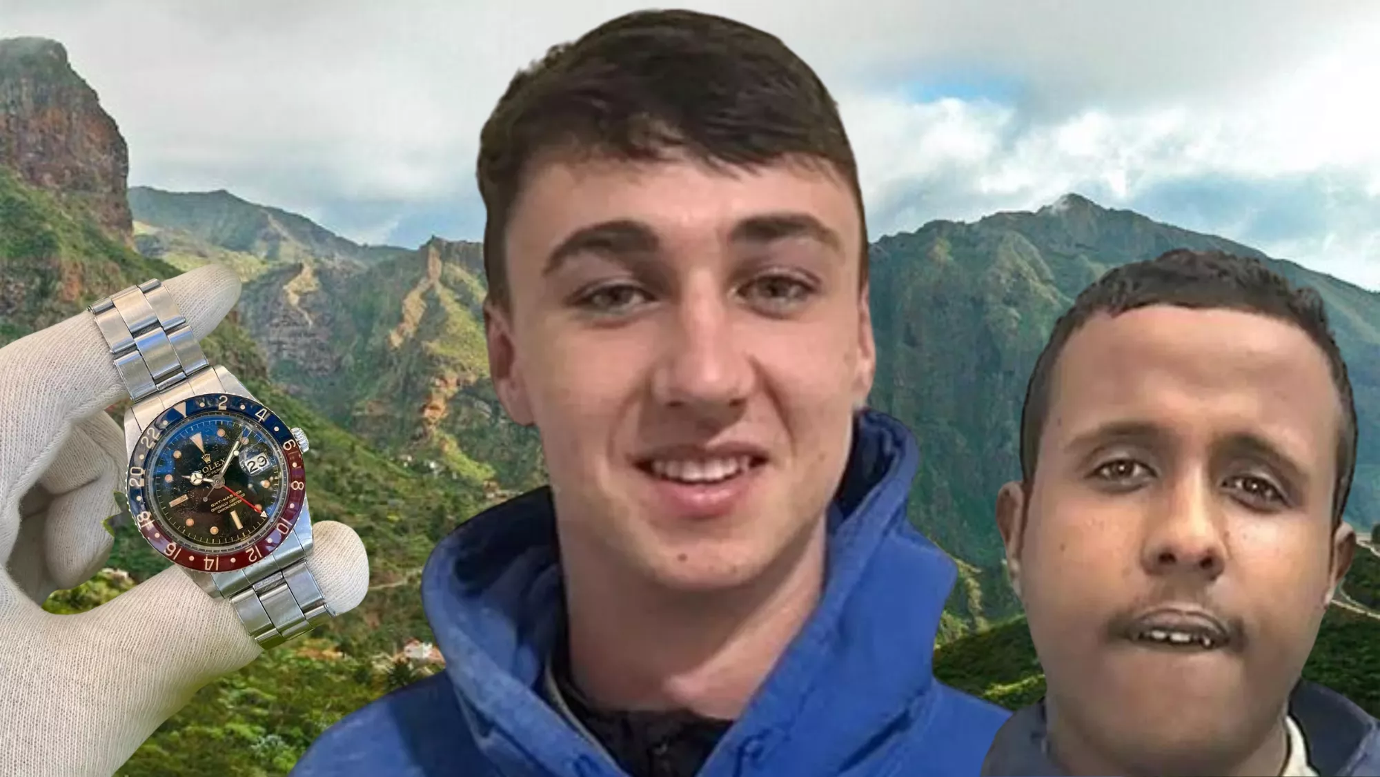 Jay Slater (centro), desaparecido en Tenerife; Ayub Qassim, conocido como Jonny Vegas, uno de los últimos en verle con vida, y un Rolex./ MONTAJE AH