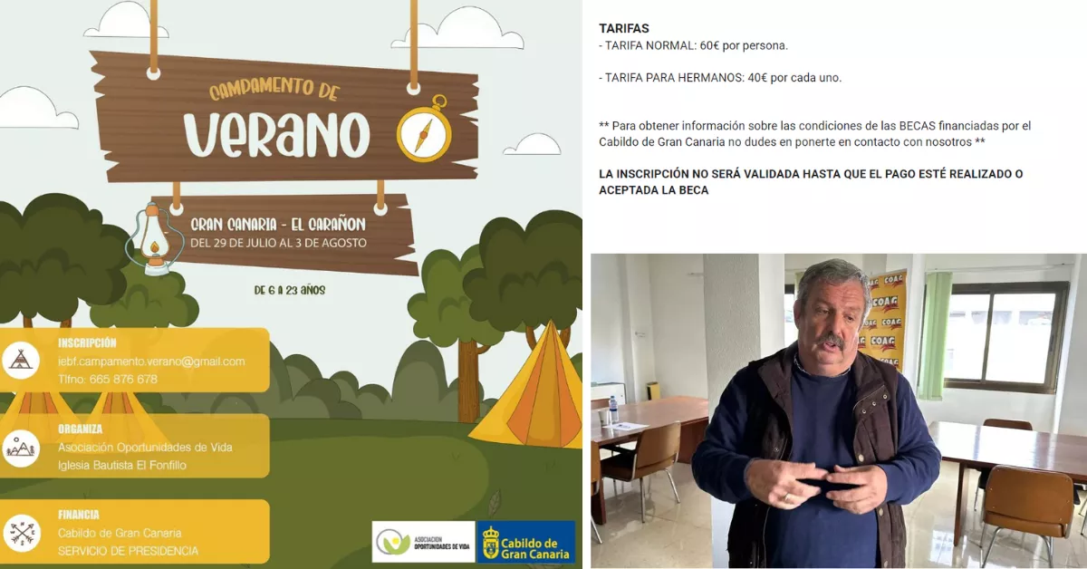 El cartel del campamento, una parte del formulario y Rafael Hernández / AH