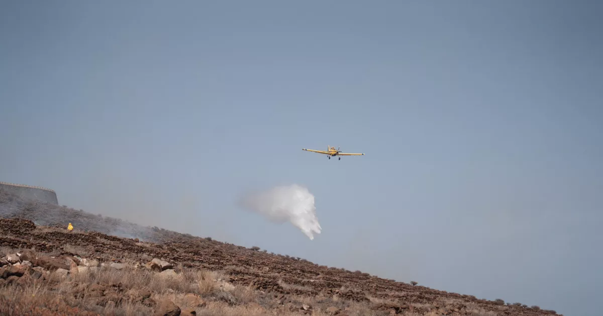 Un avión en las labores de extinción del incendio que ha arrasado 7,7 hectáreas de pasto en Alajeró (La Gomera)./ CABILDO DE LA GOMERA