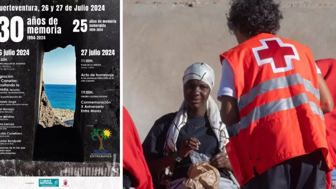 El cartel de las actividades junto a una migrante llegada a Canarias / MONTAJE AH El cartel de las actividades junto a una migrante llegada a Canarias / MONTAJE AH