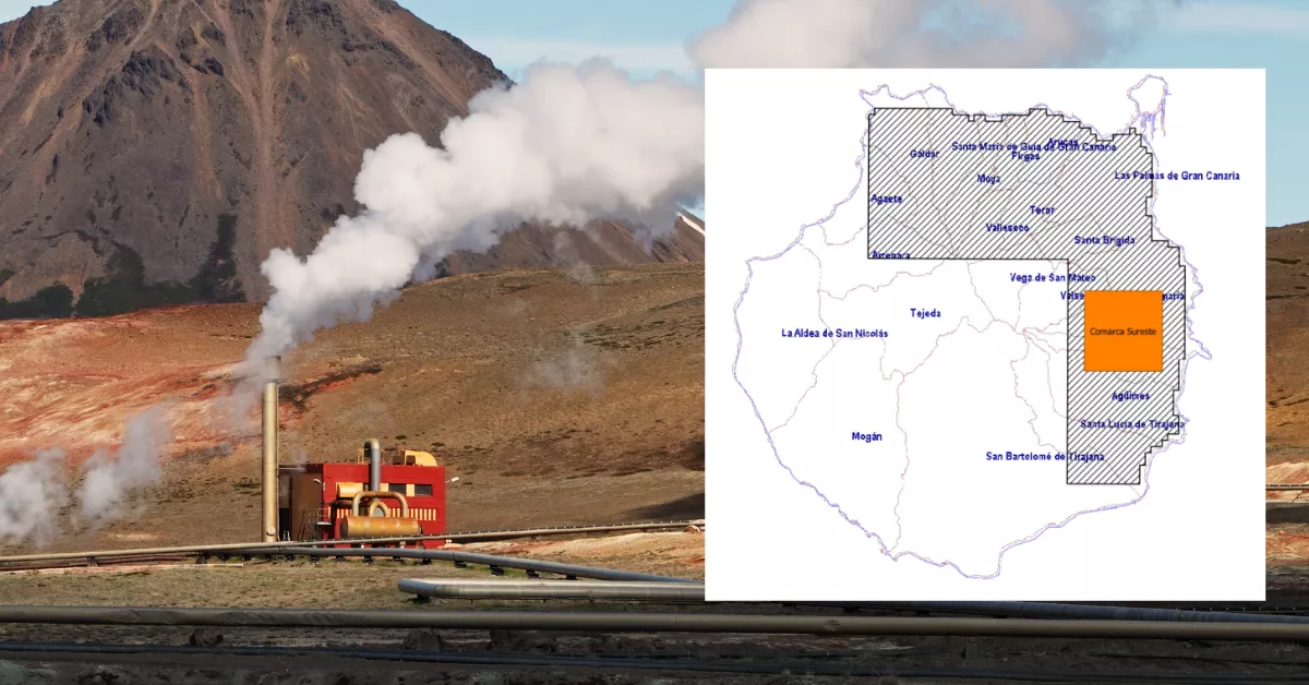 Una planta geotérmica y la localización de dónde se va a buscar recursos geotérmicos. CANVA RESOLUCIÓN