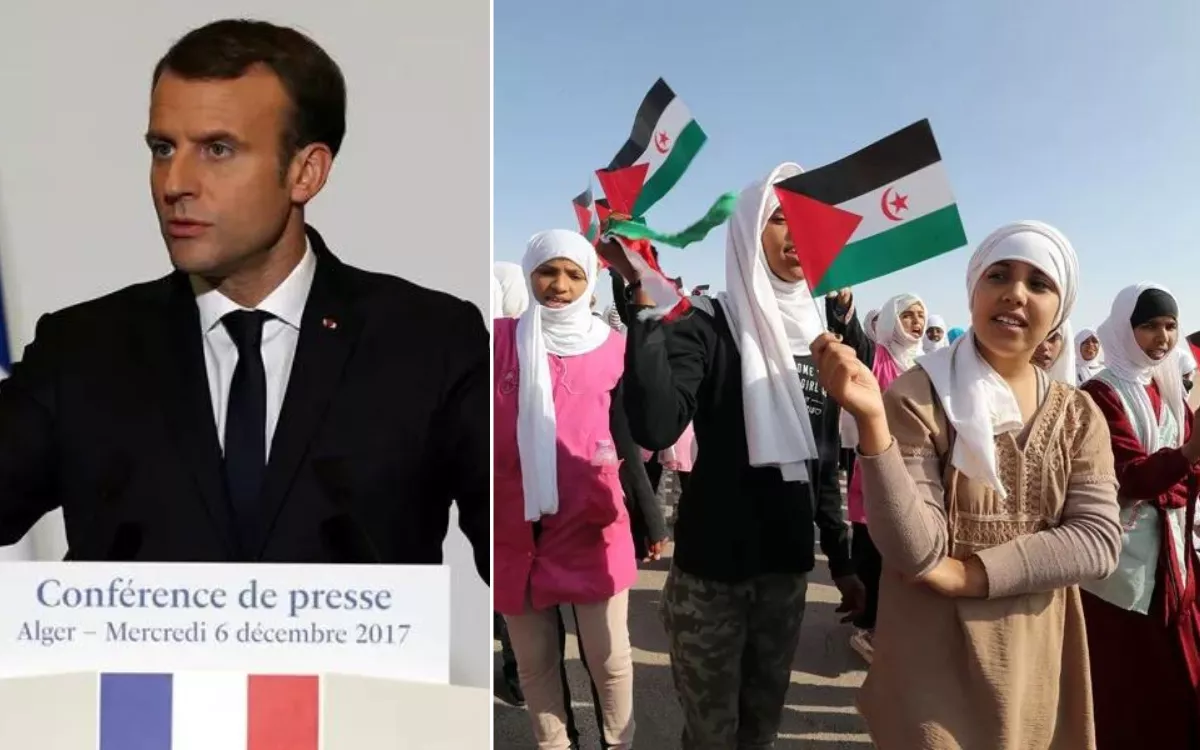 Francia da un giro y reconoce la soberanía de Marruecos sobre el Sáhara Occidental. En la imagen, a la izquierda, el presidente galo, Emmanuele Macron; a la derecha, refugiados saharauis. / EFE