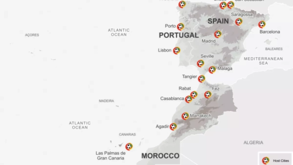 Mapa del Bid Book de la candidatura de Marruecos, Portugal y España con sus 17 ciudades sede. / FIFA Mapa del Bid Book de la candidatura de Marruecos, Portugal y España con sus 17 ciudades sede. / FIFA