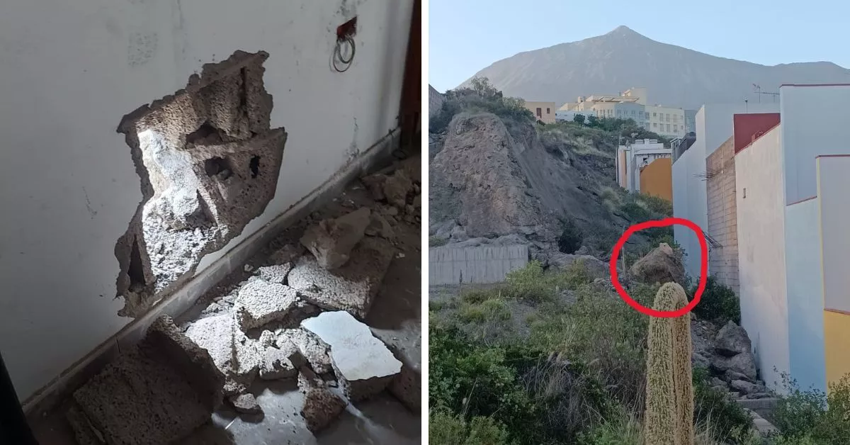 El agujero en la pared en la casa y la gran roca que amenaza con caer sobre la vivienda / CEDIDAS