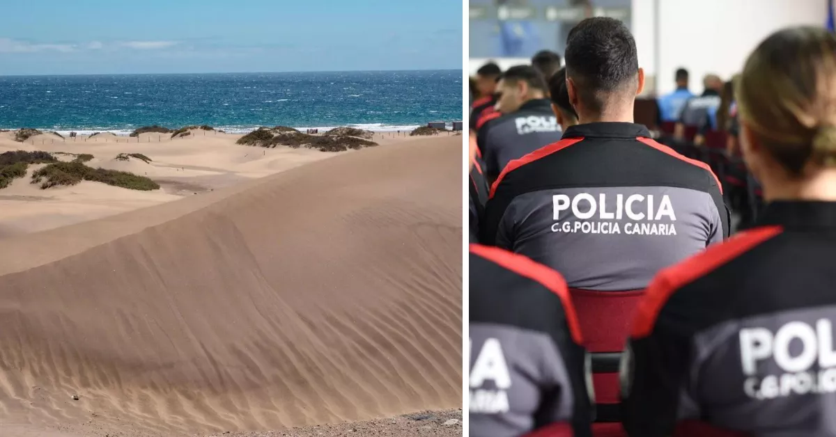 A la izquierda, imagen de las Dunas de Maspalomas; a la derecha, agentes la Policía Autonómica / MONTAJE AH