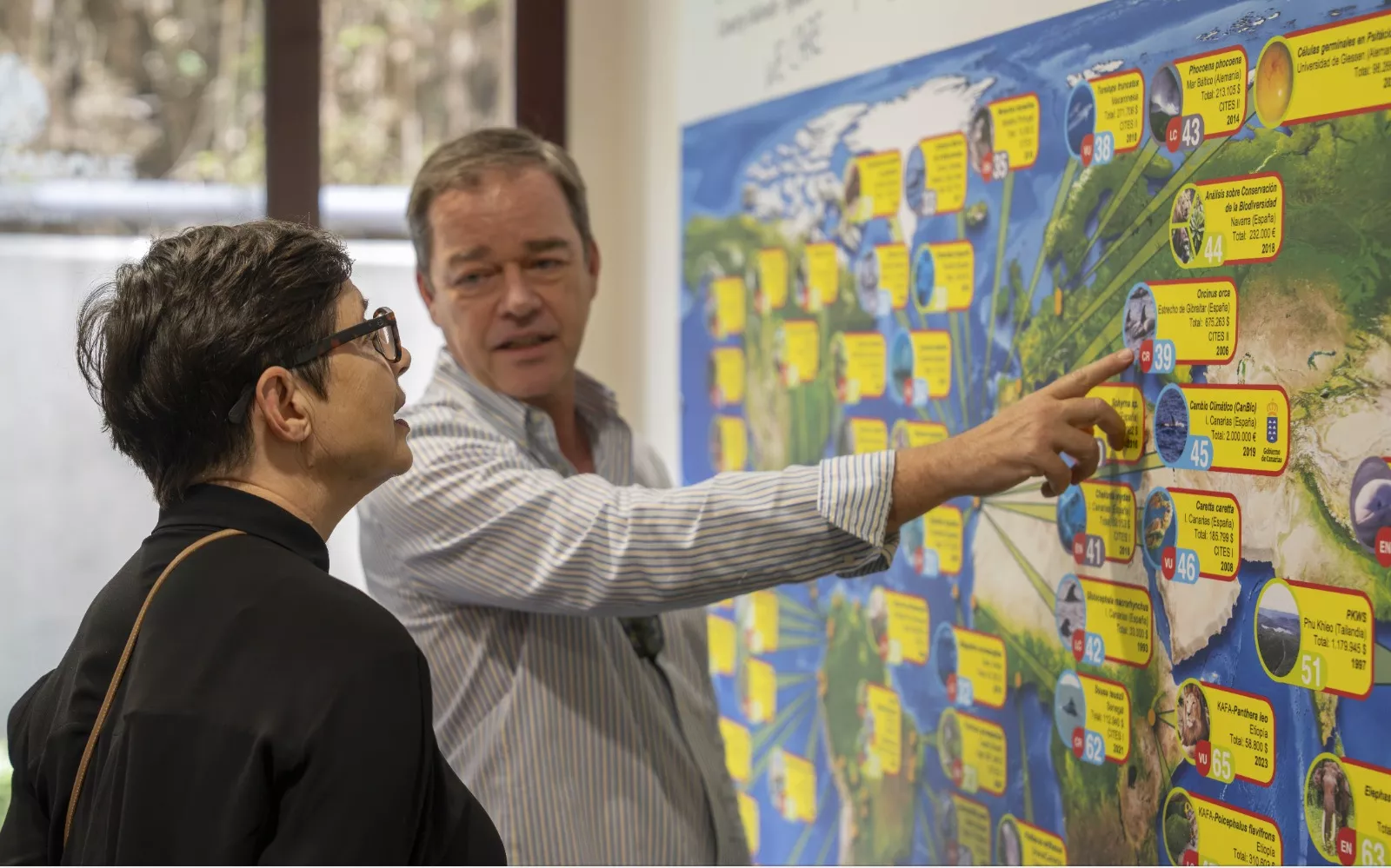 Christoph Kiessling mostrando los proyectos de conservación que tiene la Fundación a Isabella Rosellini./ CEDIDA
