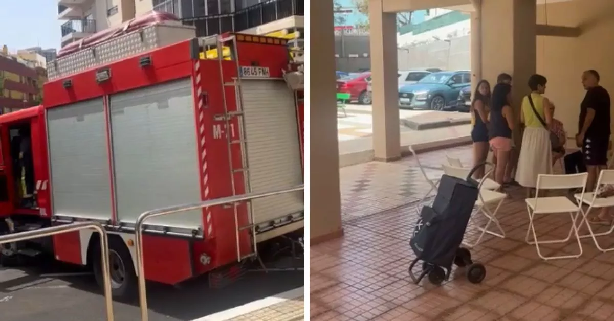 Un camión de bomberos en la urbbanización y un grupo de vecinos evacuados / AH / BELA CABRERA