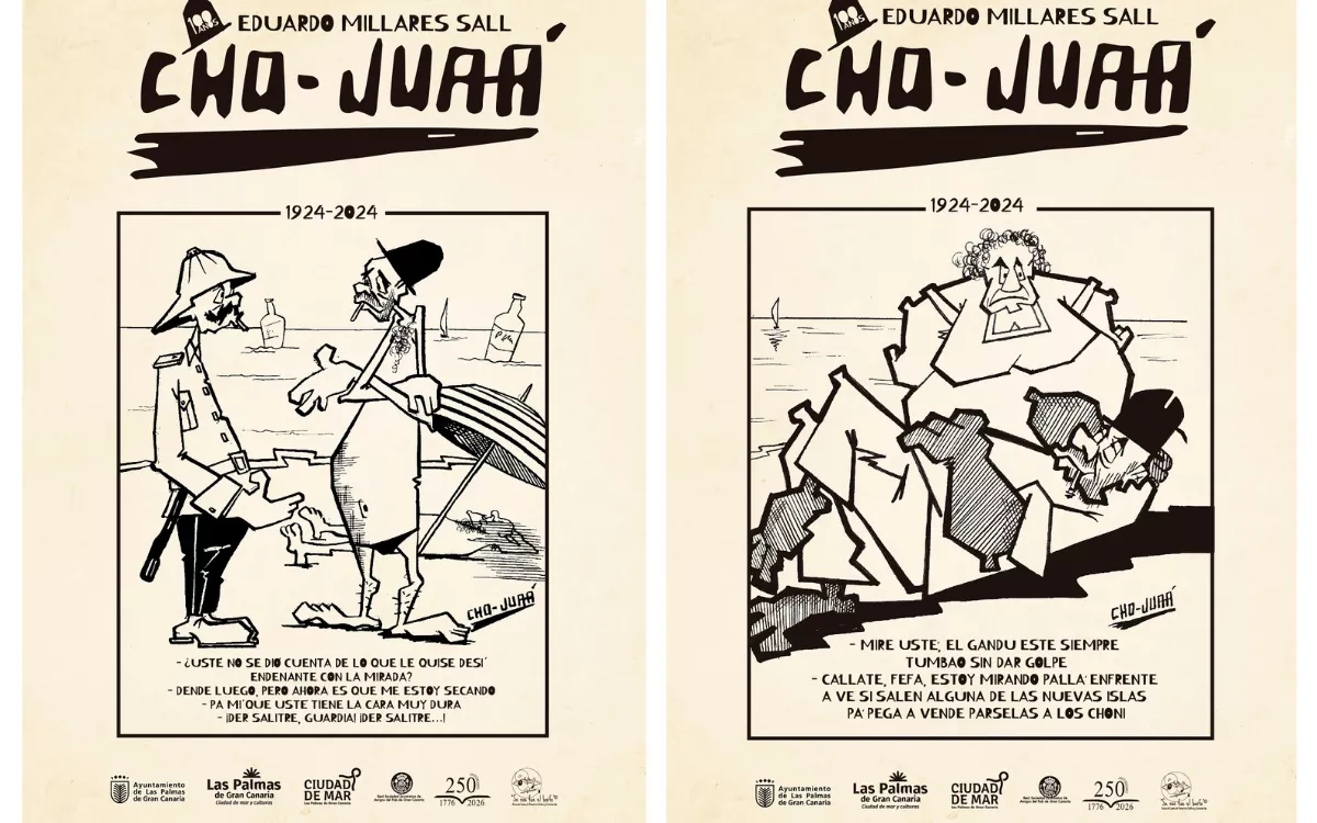 Dos de las viñetas con las que Las Palmas de Gran Canaria rinde homenaje a Cho Juaá en el centenario de su nacimiento. / LPA VISIT