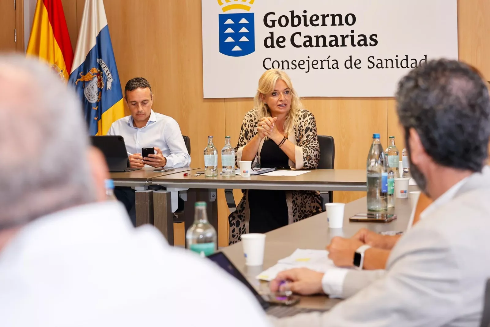 Esther Monzón y Carlos Díaz durante la reunión de la Consejería de Sanidad./ CEDIDA