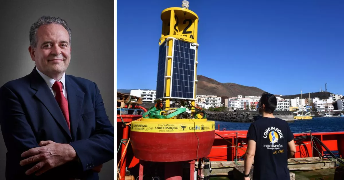 El director de Loro Parque Fundación, Javier Almunia, y una de las boyas oceanográficas del subproyecto BuoyPAM de CanBio / CEDIDAS