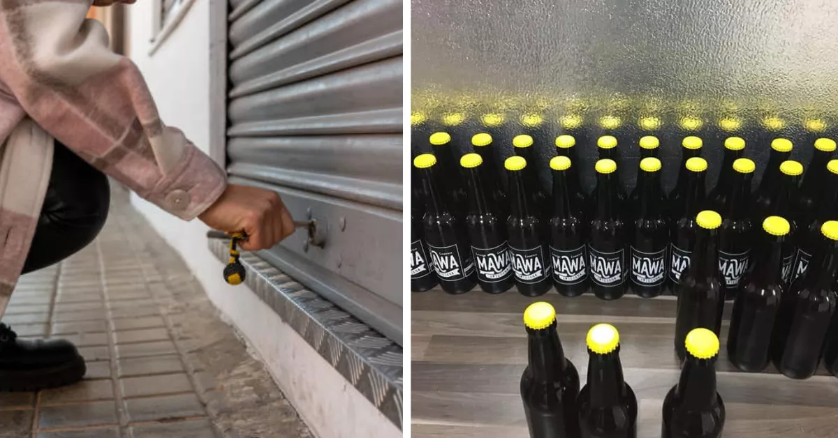 A la izquierda, una persona cierra la puerta de un negocio; a la derecha, imagen de las cervezas Mawa / MONTAJE AH