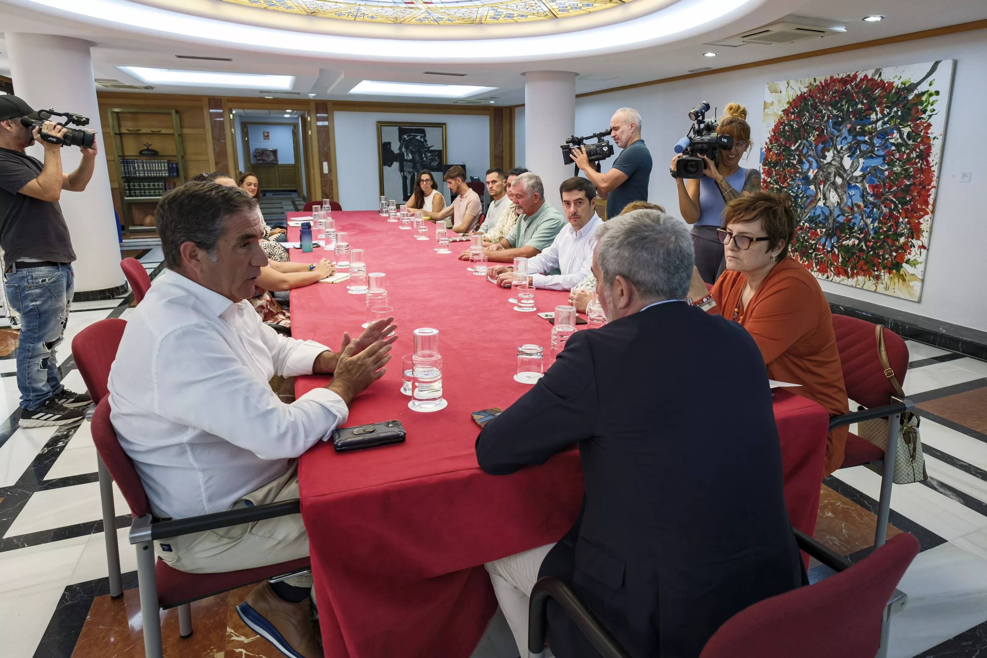 El presidente del Gobierno de Canarias, Fernando Clavijo (c), y la consejera de Bienestar Social, Igualdad, Juventud, Infancia y Familias, Candelaria Delgado (d) en la reunión con las entidades. / EFE