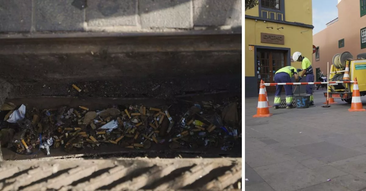 Colillas en la red de alcantarillado de La Laguna y operarios retirándolas / CEDIDAS