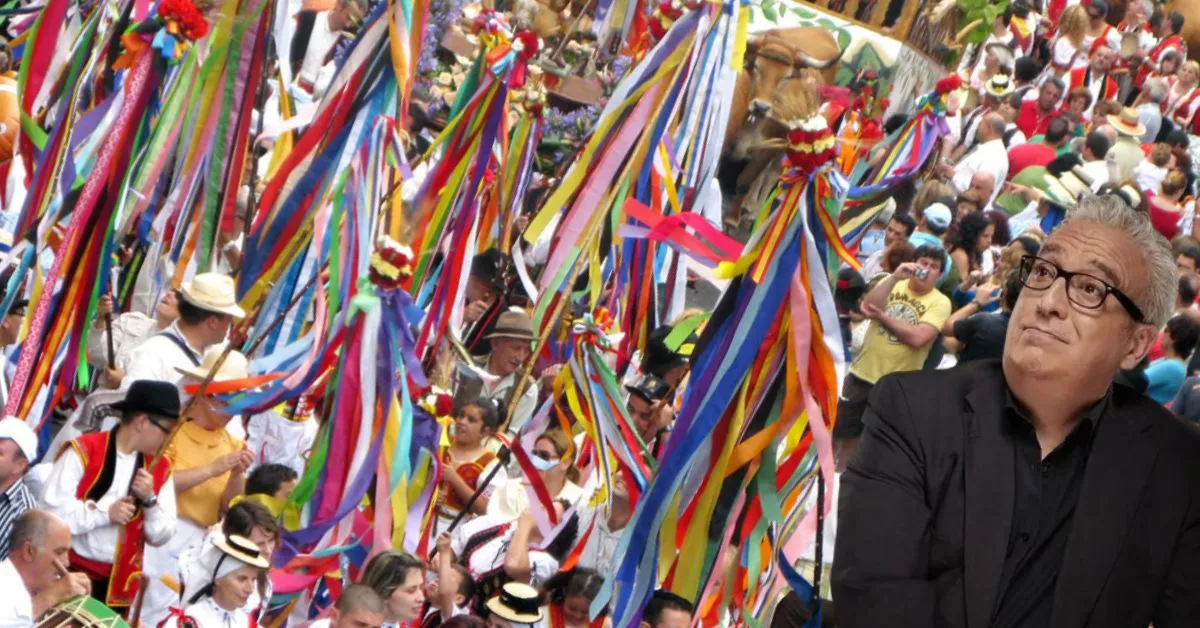 Fotomontaje del actor y humorista Leo Harlem sobre una imagen de la Romería de San Isidro Labrador y Santa María de la Cabeza en el municipio tinerfeño de Los Realejos./ AH.