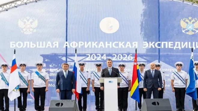 El viceprimer ministro de Rusia, Dmitry Patrushev, preside el lanzamiento de la 'Gran Expedición Africana' a su salida de Kaliningrado./ KREMLIN El viceprimer ministro de Rusia, Dmitry Patrushev, preside el lanzamiento de la 'Gran Expedición Africana' a su salida de Kaliningrado./ KREMLIN