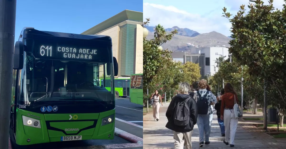 Imagen de la guagua de Costa Adeje con Guajara junto a estudiantes de la ULL. / MONTAJE AH