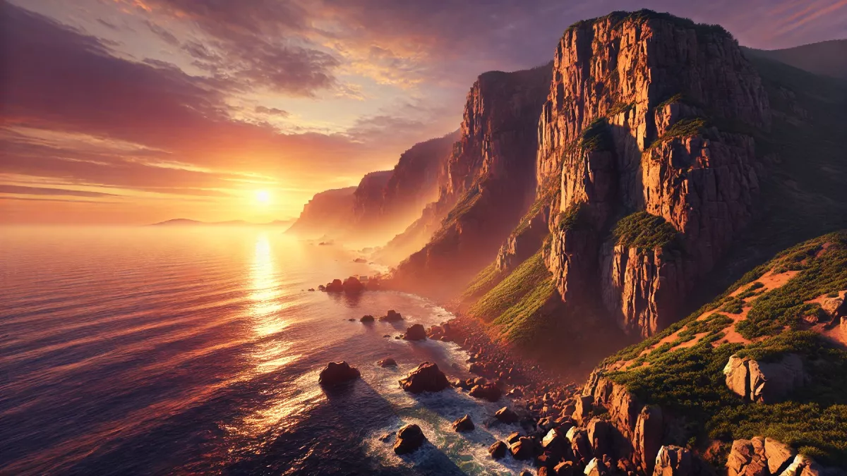 Simulación de un acantilado con la puesta de sol de fondo / DALL·E